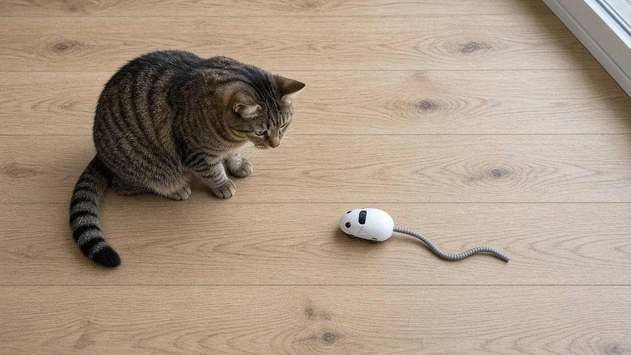 Tabby cat watching a small white Turbo Tail cat toy on a hardwood floor, is Turbo Tail cat toy worth it