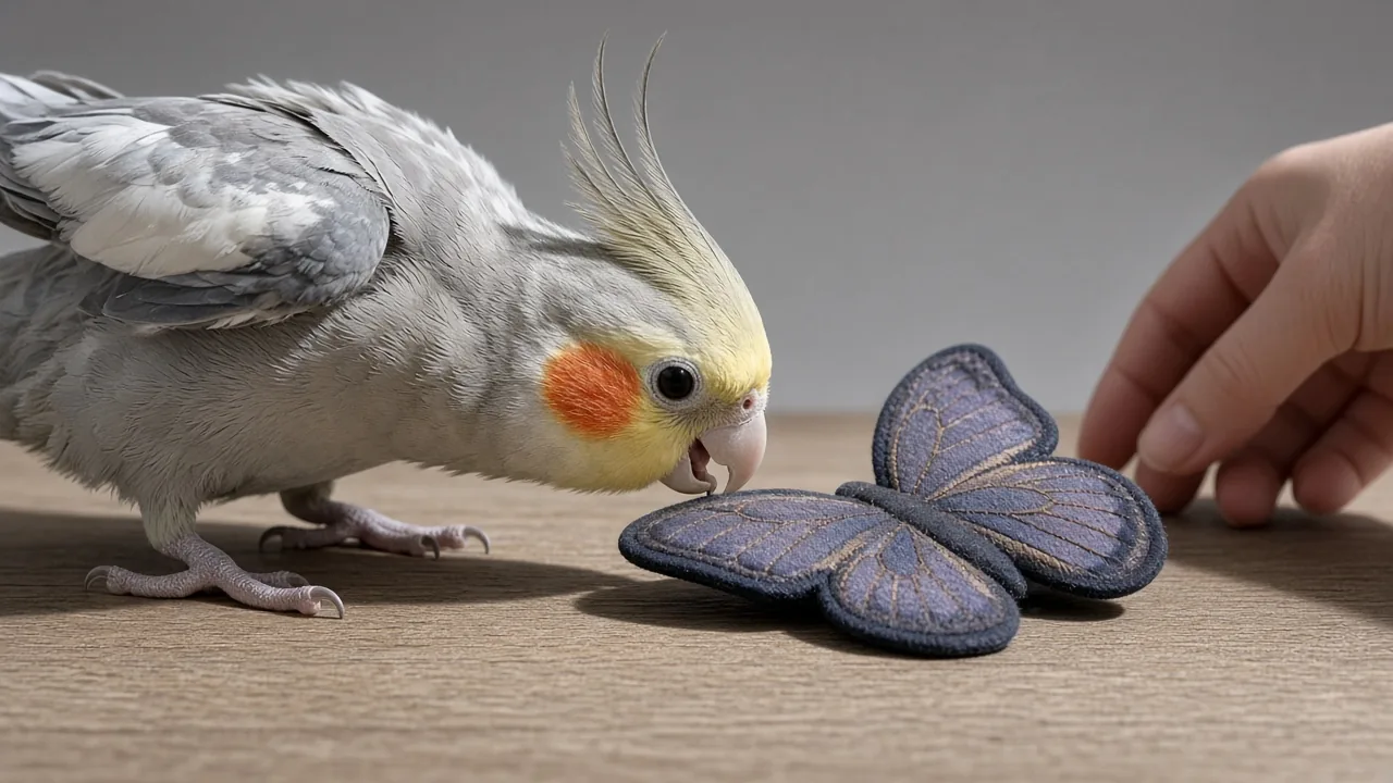 A bird beside a butterfly toy lying flat on a hardwood floor during charging, how to charge Little Live Pets butterfly toy