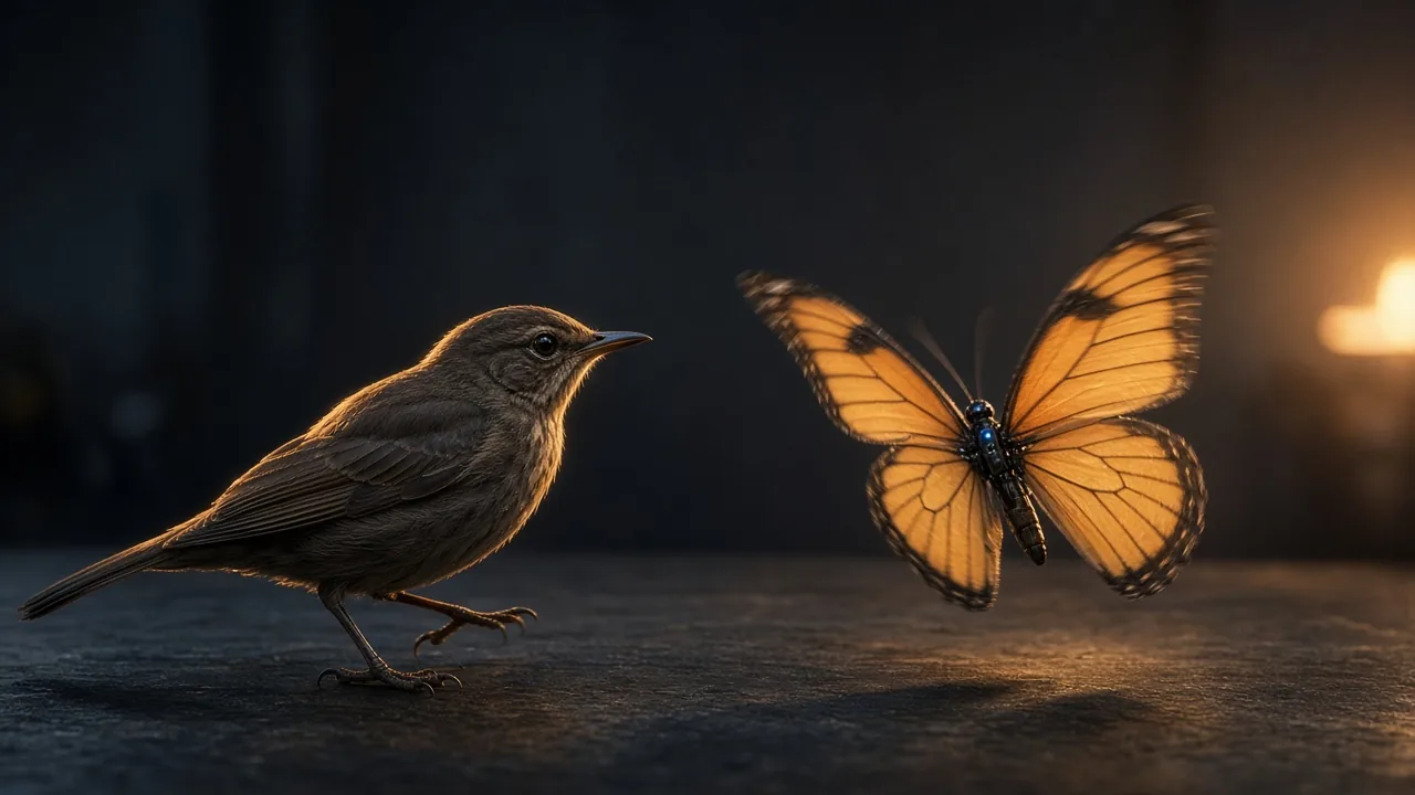 A bird watching a butterfly toy with fluttering wings after turning it on, how to charge Little Live Pets butterfly toy