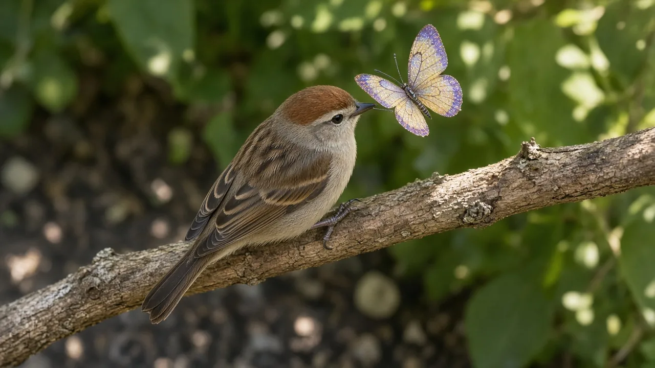 A bird perched on a branch in a sunny garden with a Little Live Pets butterfly toy, how to charge Little Live Pets butterfly