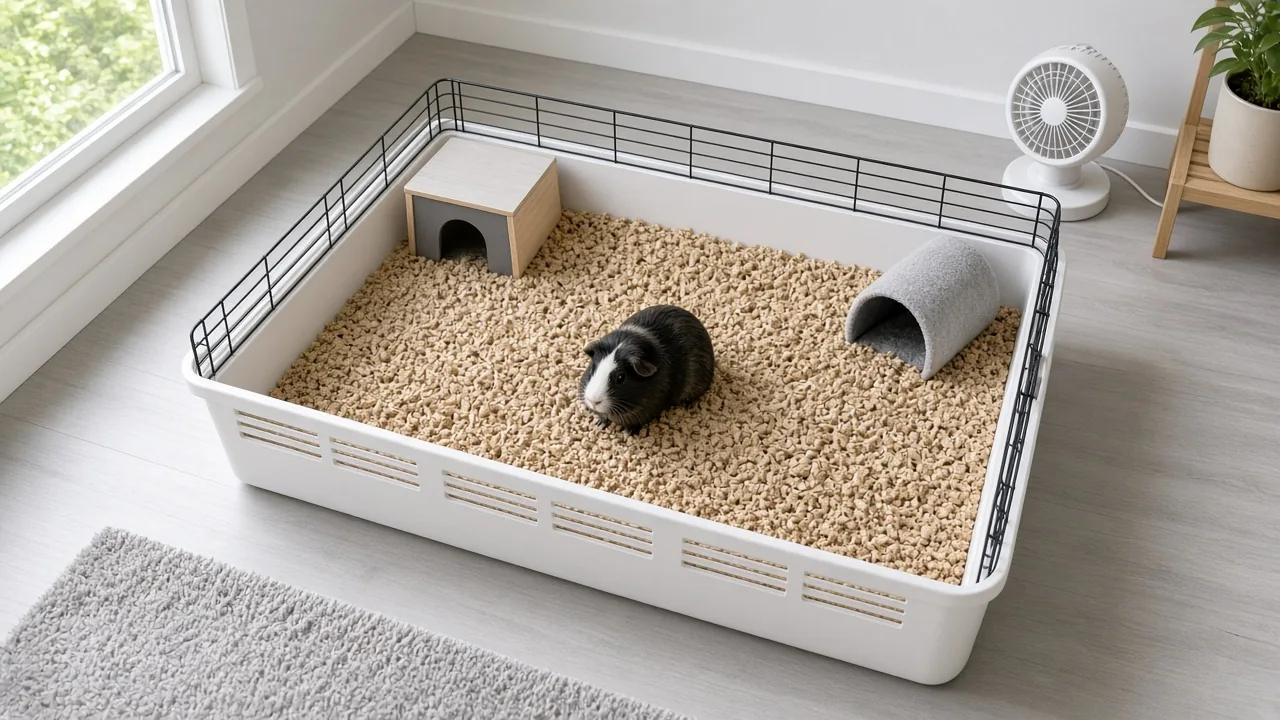 Clean indoor guinea pig cage with fresh bedding showing how to reduce do guinea pigs smell bad indoors