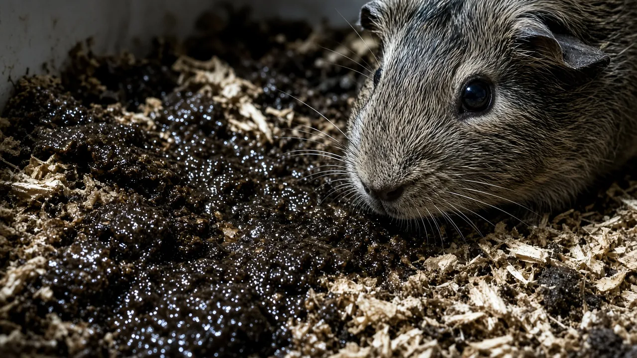 Guinea pig sniffing damp soiled bedding, showing why do guinea pigs smell bad indoors