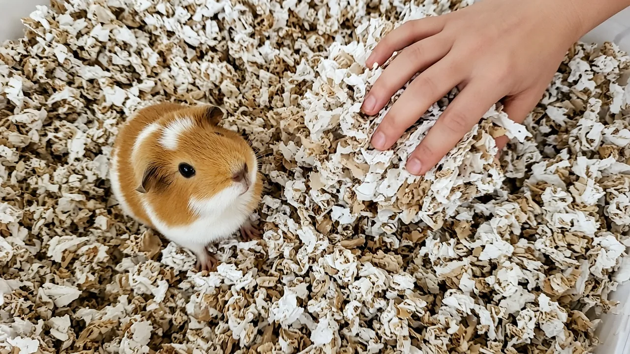 Guinea pig standing on deep absorbent paper bedding in a clean cage, illustrating do guinea pigs smell bad indoors fixes