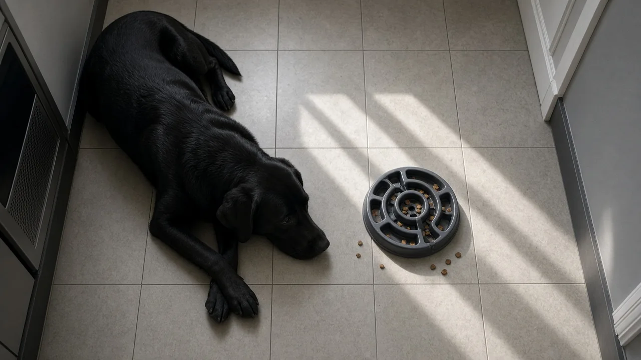 Black Labrador lying beside an empty dog puzzle toy on a tiled floor, showing signs of boredom with an easy puzzle