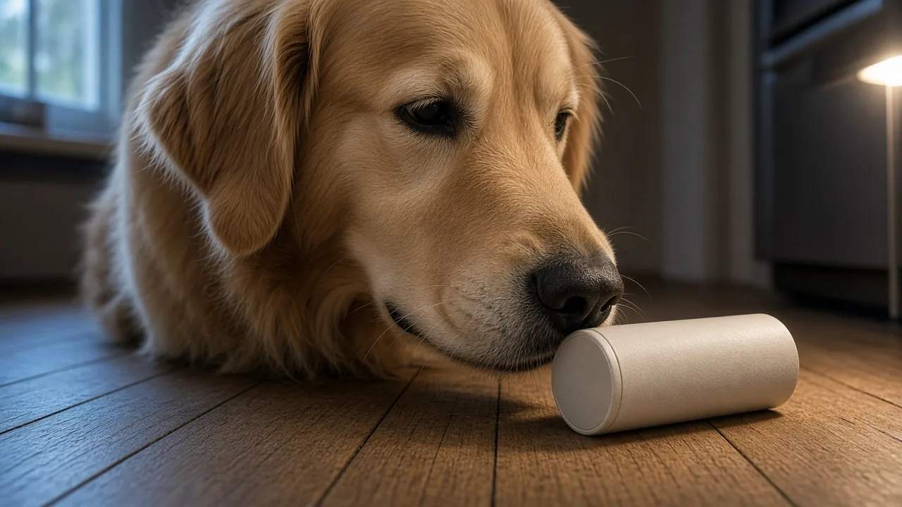 Golden retriever sniffing a simple tube puzzle toy on a wooden floor to explain puzzle toy difficulty levels for dogs