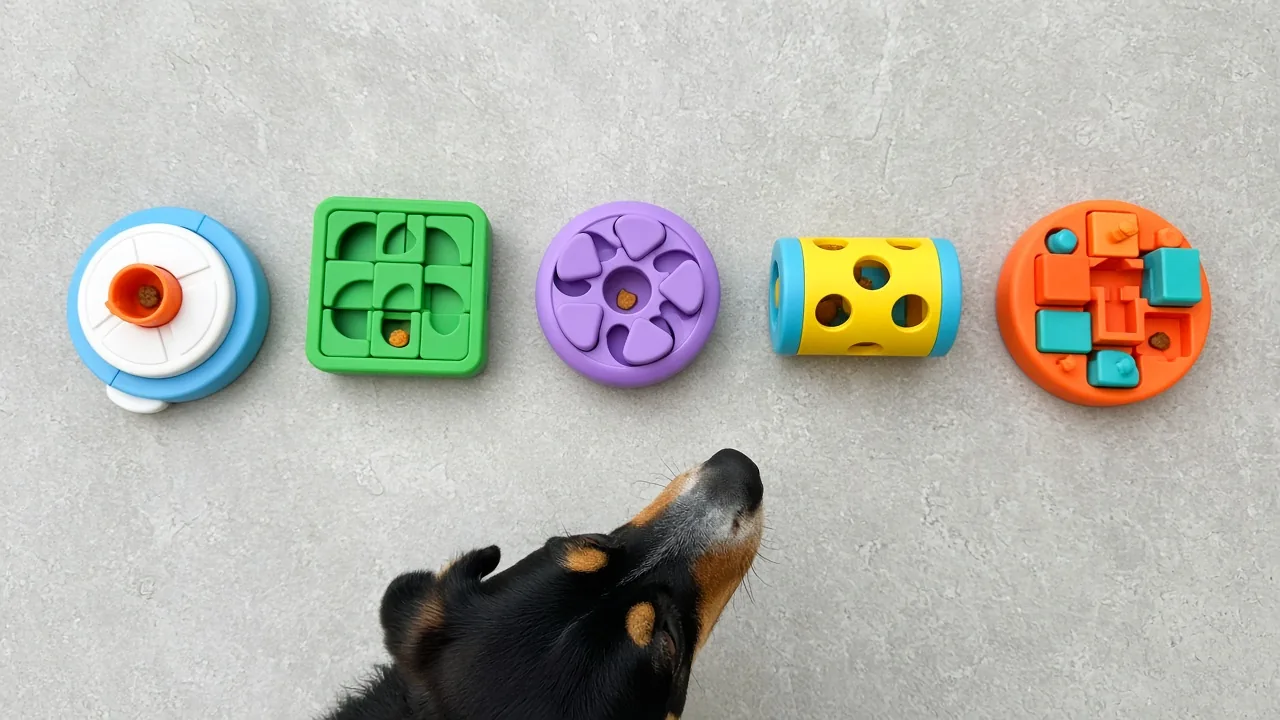 Row of dog puzzle toys for choosing puzzle toys for dogs by difficulty level, arranged from simple to complex