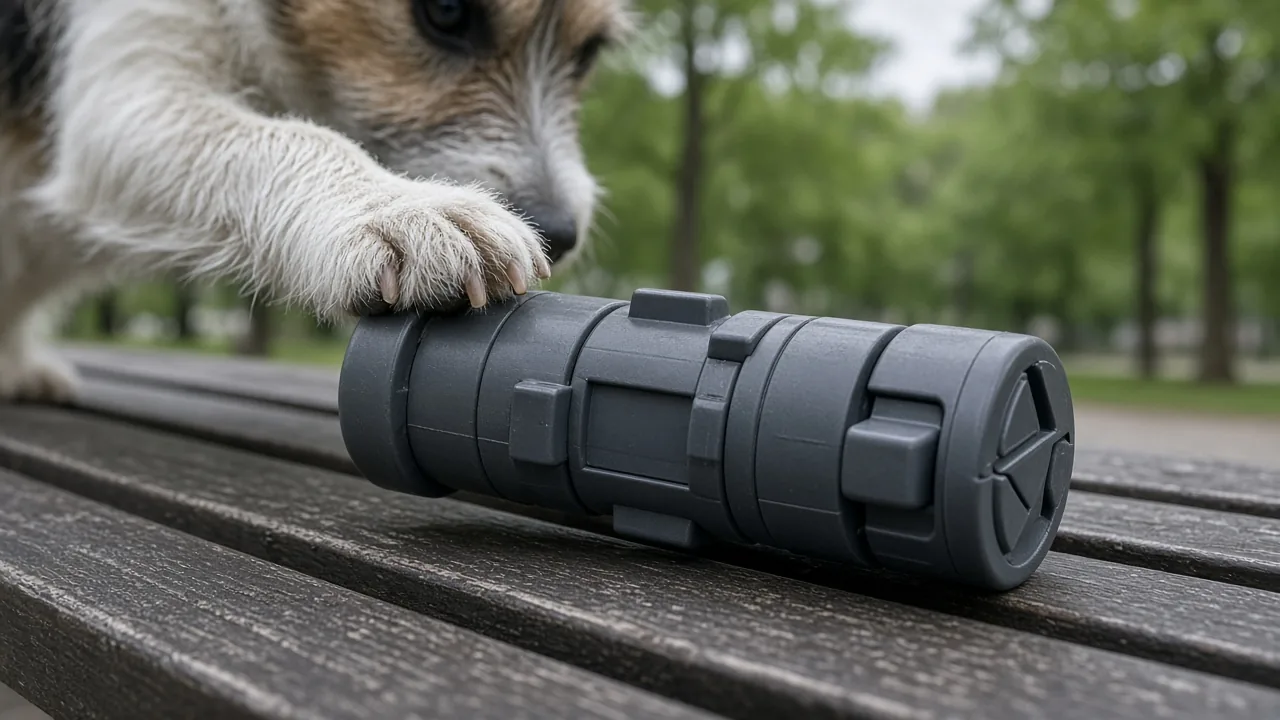 Terrier paw turning a locking dog puzzle toy outdoors to show how advanced puzzle toys differ from simple feeders