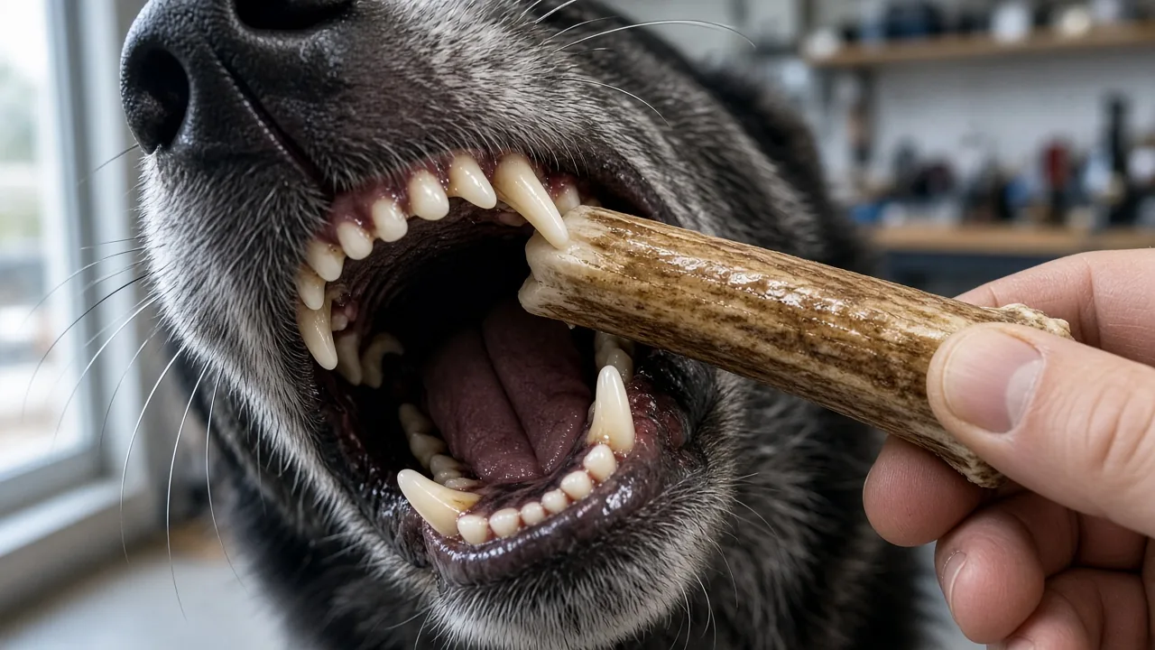 Close-up of a dog's molars chewing an antler chew that could crack teeth