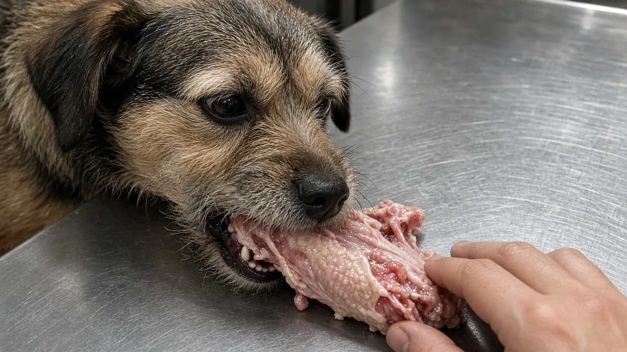 Dog chewing a raw chicken neck on a kitchen counter, showing a raw meaty bone for dogs