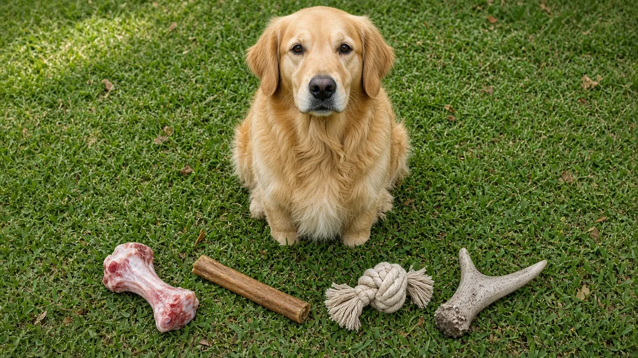 Golden retriever sitting on grass beside a raw meaty bone, bully stick, rope toy, and antler, illustrating raw meaty bones vs