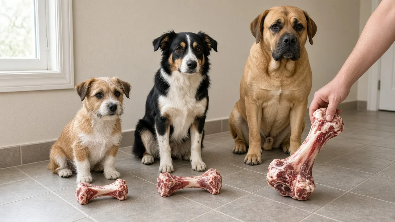 Small, medium, and large dogs each with a size-matched raw meaty bone for dogs