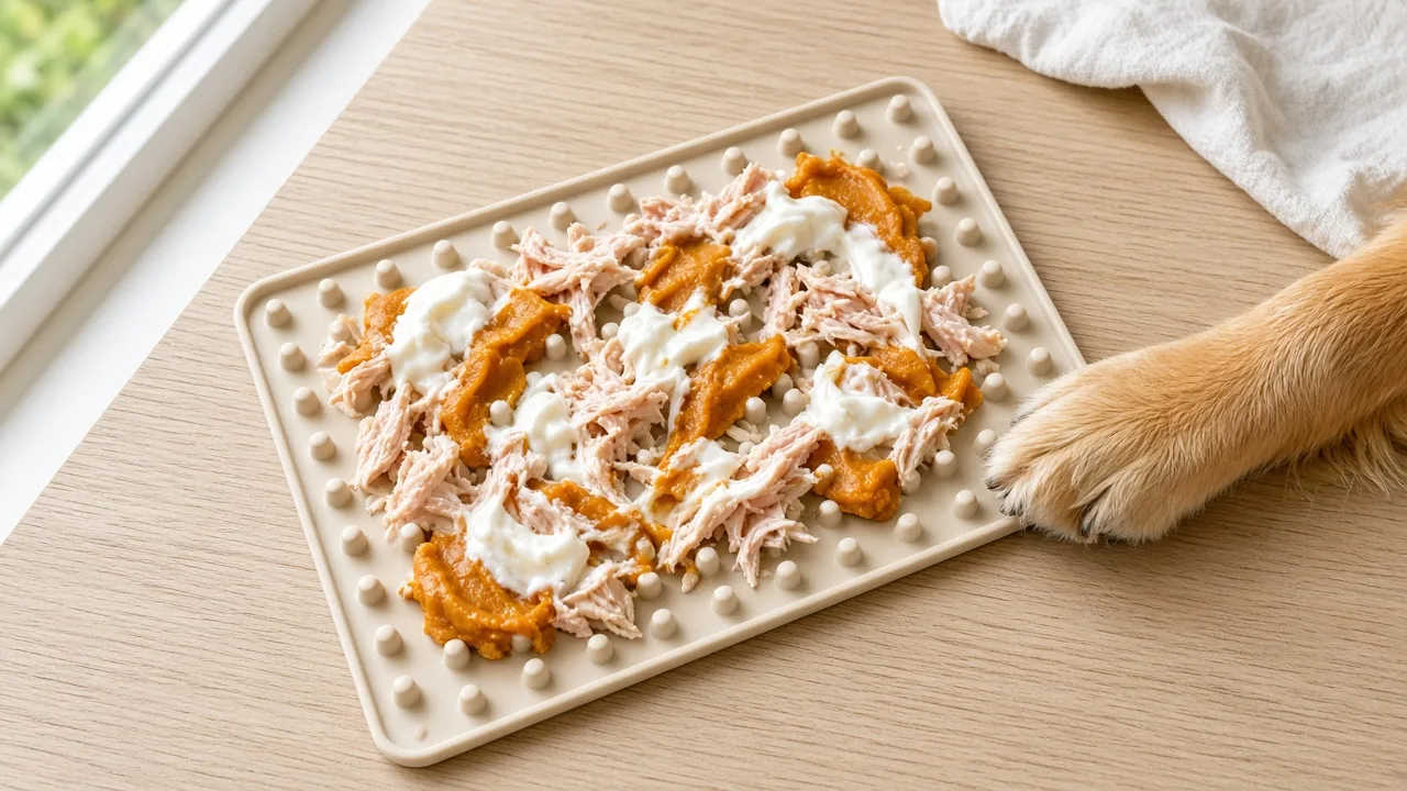Overhead view of a homemade DIY lick mat for dogs layered with chicken, yogurt and pumpkin on a wooden table