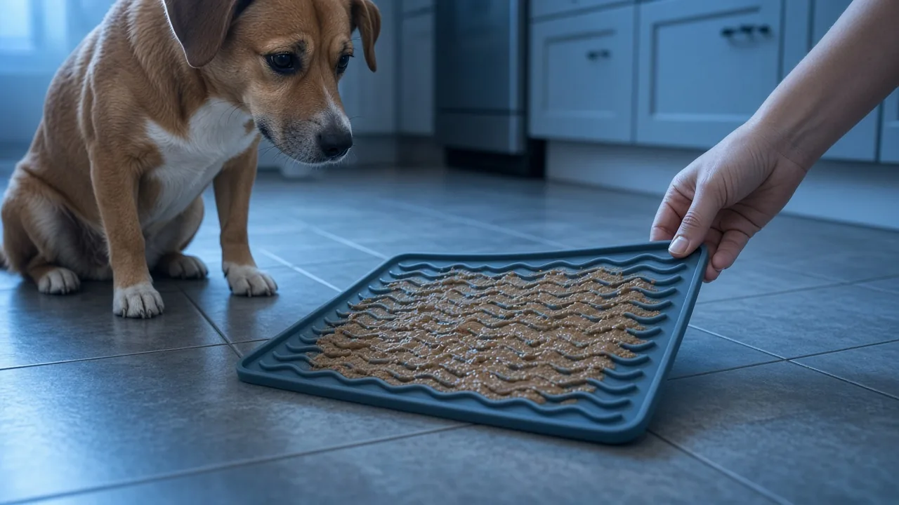 A dog beside a lick mat spread with a thin layer of softened kibble on a tiled kitchen floor