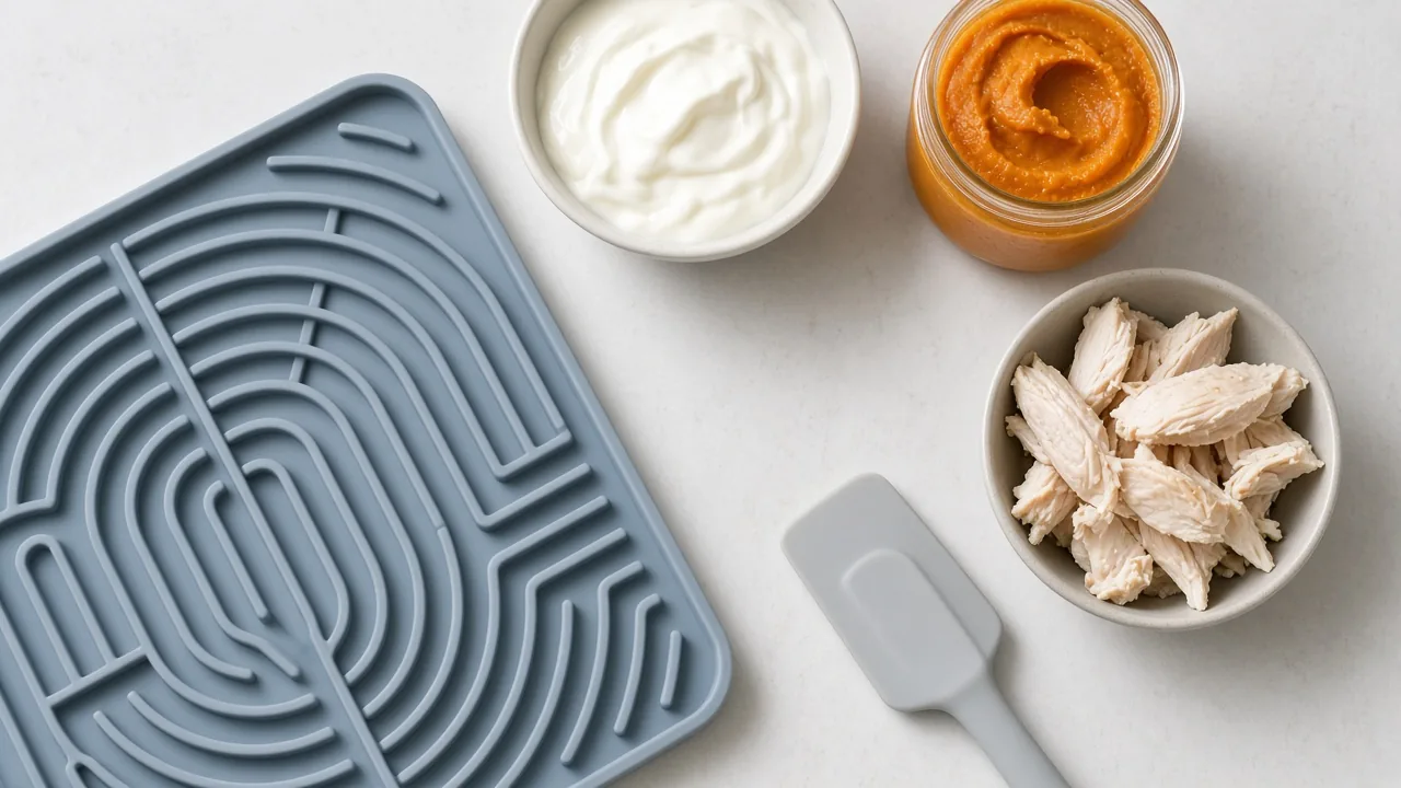 Materials for a DIY lick mat for dogs laid out on a kitchen counter including silicone mat, yogurt, pumpkin and cooked