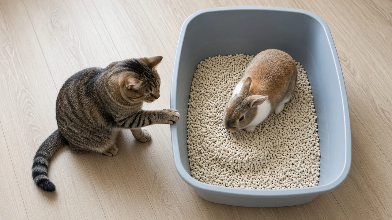 Overhead view of a cat and rabbit with the best cat litter box for rabbits, a smooth plastic pan on a wood floor.