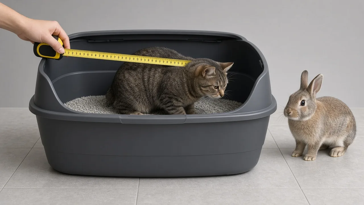 A hand measures a pan while a cat sits inside, checking the best cat litter box for rabbits with a rabbit nearby.