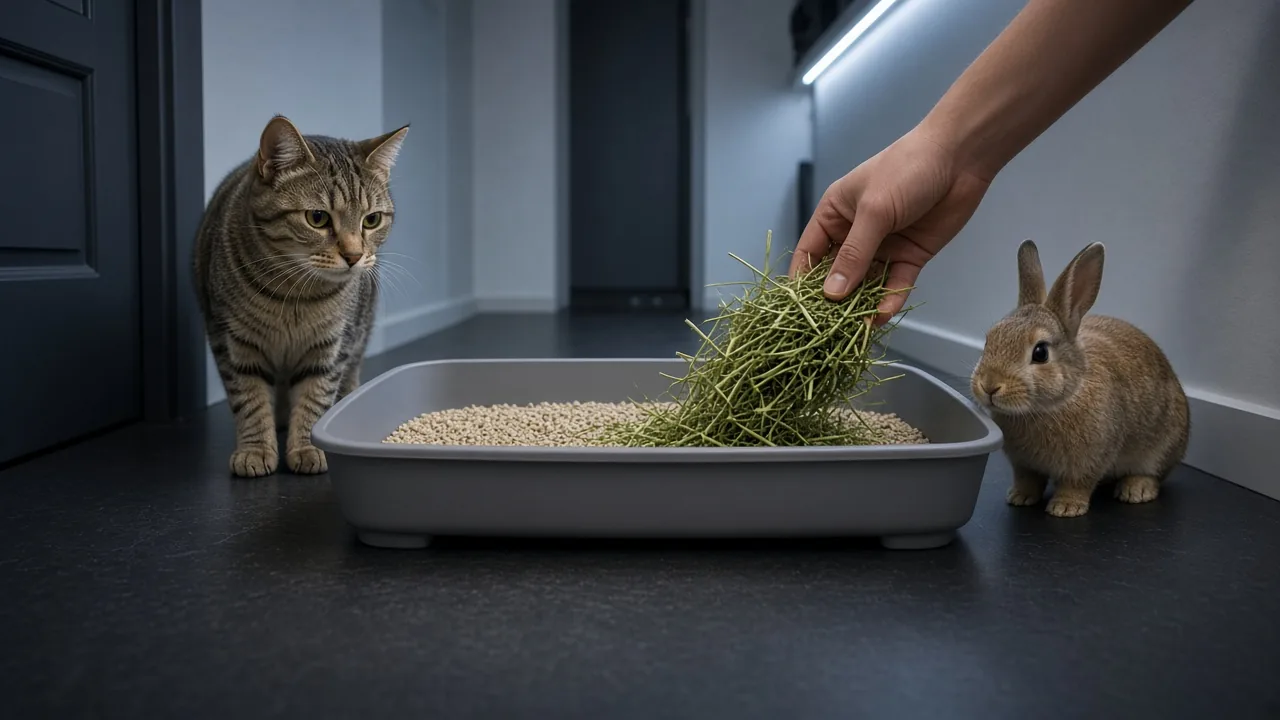 A cat and rabbit watch a hand set up the best cat litter box for rabbits with paper litter and hay.