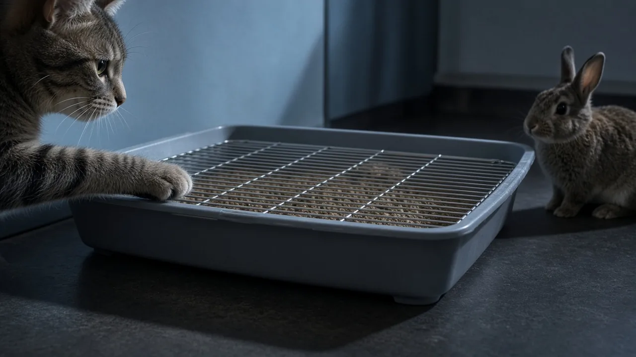 A cat touches a wire-bottom pan, not the best cat litter box for rabbits, while a rabbit watches nearby.