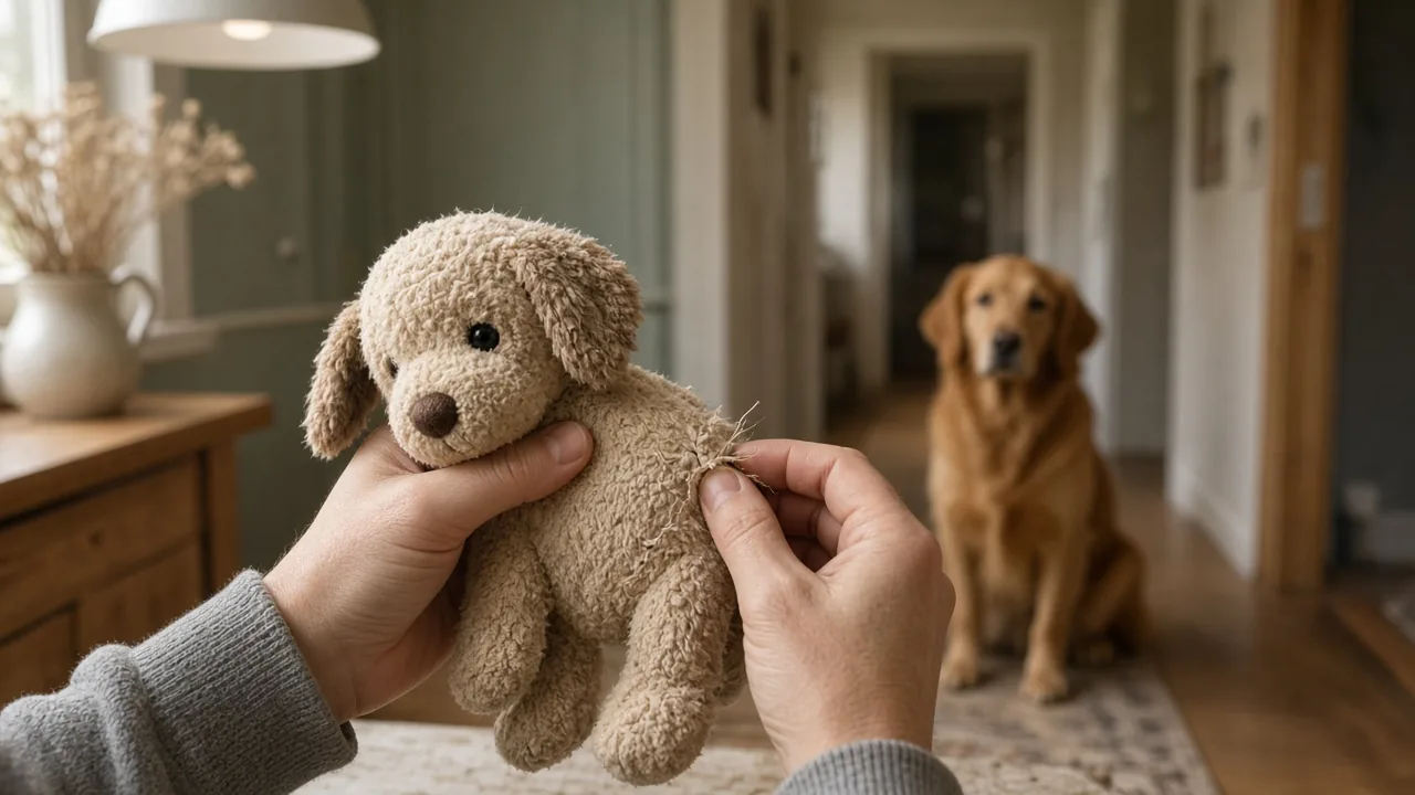 Hands checking a plush dog toy for loose seams and threads as part of safety inspection