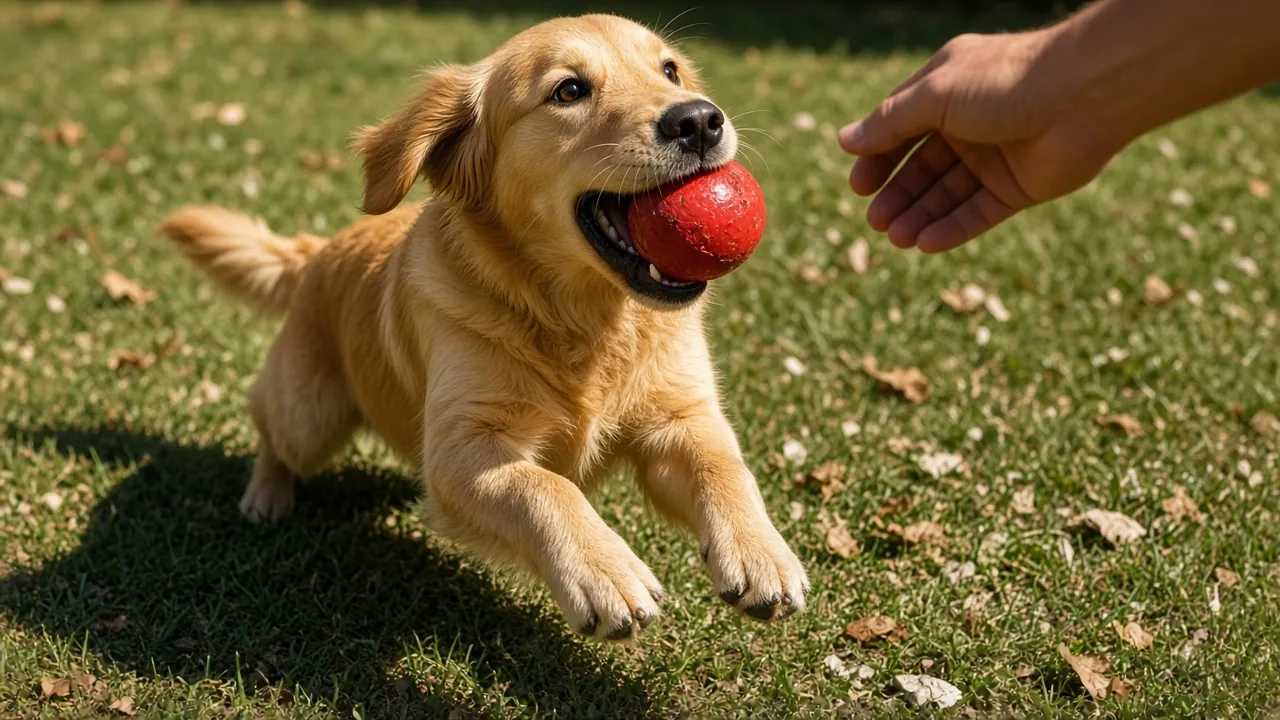 A dog leaping to catch a rubber ball during interactive fetch play in a backyard