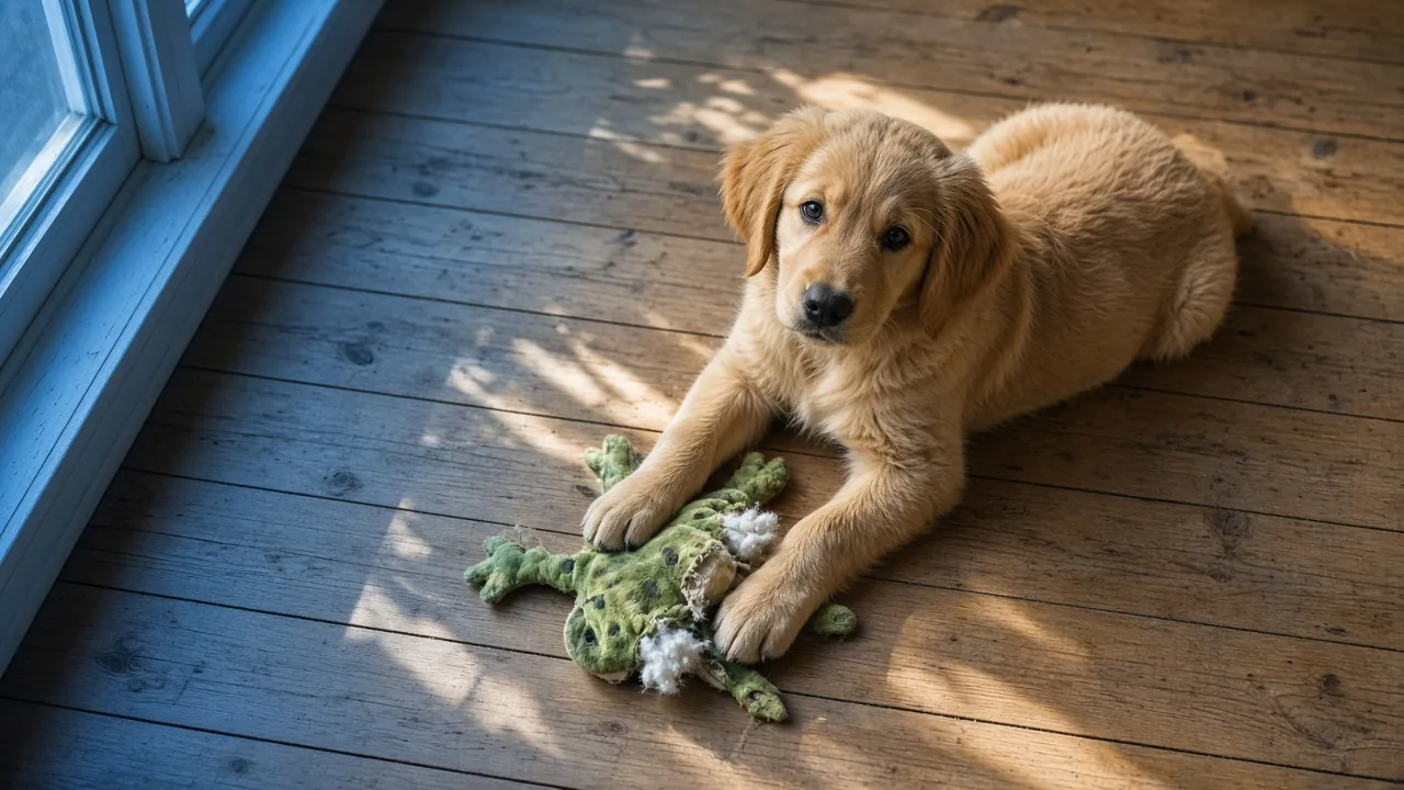 A dog resting with a well-loved, worn plush frog toy, illustrating why dogs lose interest in rubber toys but not plush ones