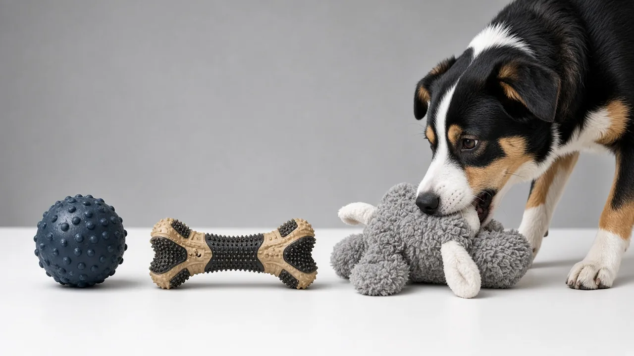 Rubber ball, nylon-rubber chew, and plush dog toy side by side for comparison