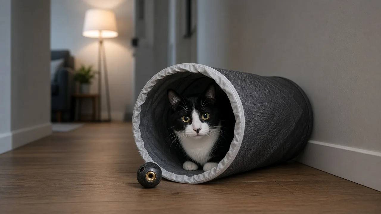 A black and white cat exploring a fabric tunnel with a bell ball nearby in a living room enrichment space, comparing
