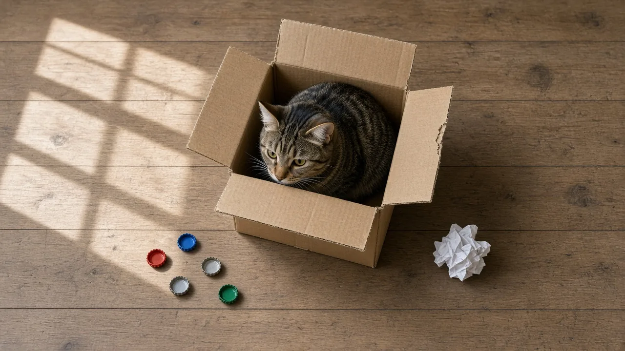 A tabby cat peeking out of a cardboard box among scattered bottle caps and crumpled paper on a sunlit wooden floor, showing