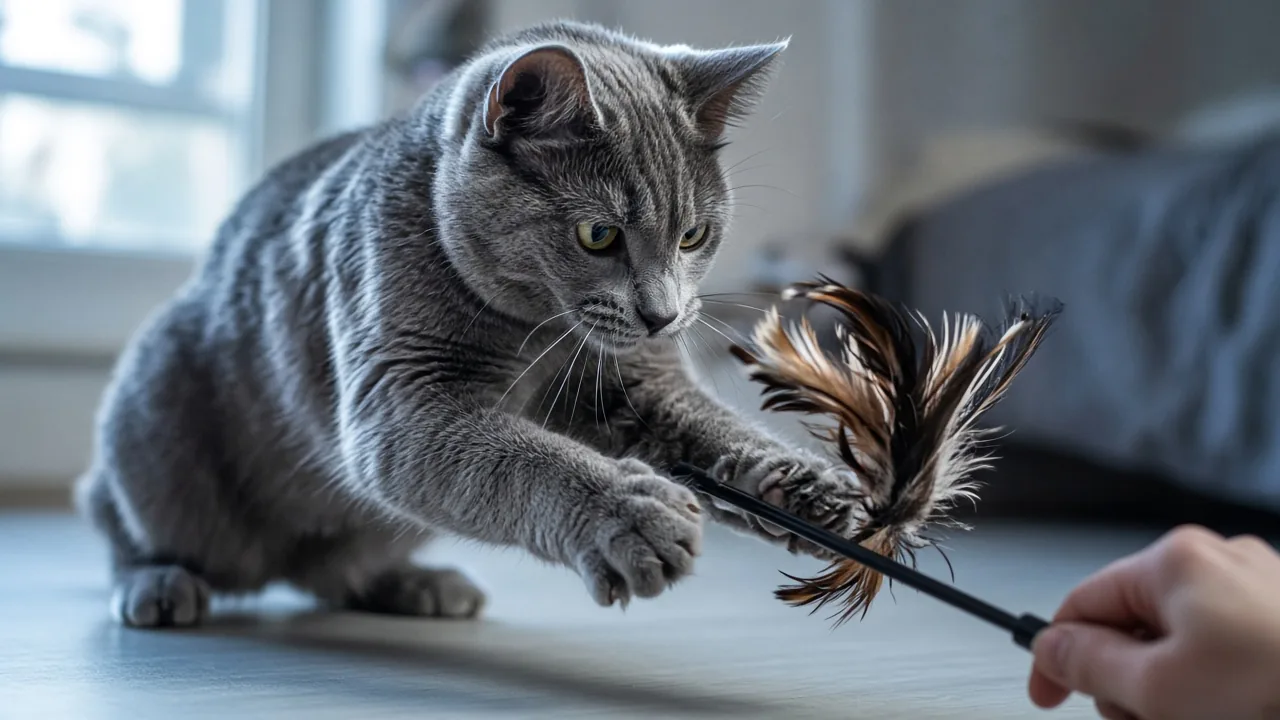 A grey cat crouched mid-pounce on a feather wand toy held by a hand, showing the stalk, chase, and catch hunting sequence