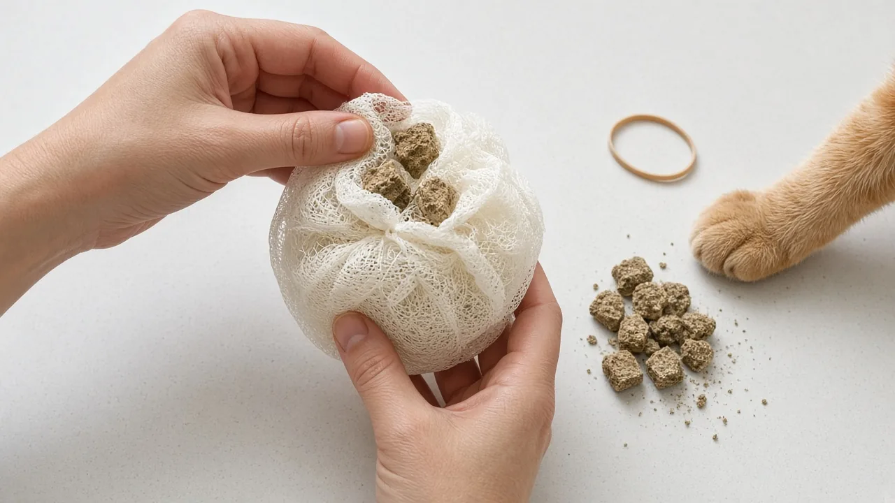 Hands filling a loofah-style pouch with freeze-dried catnip on a kitchen counter to make a DIY cat kick toy
