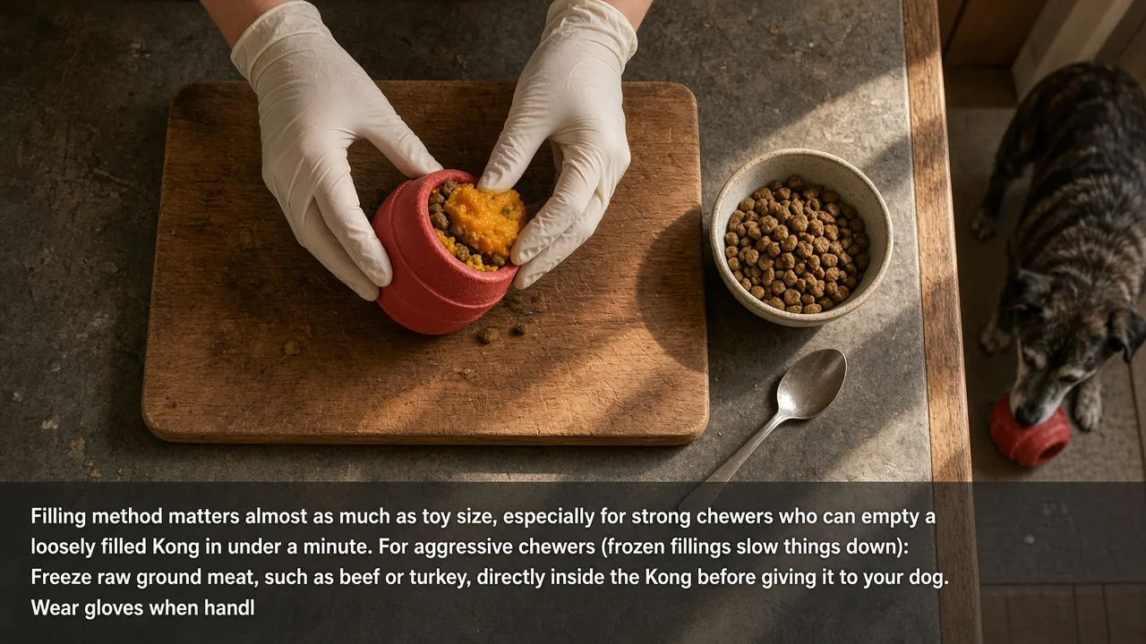 Gloved hands packing a red dog chew toy with pumpkin and kibble on a cutting board, showing how to fill a Kong for what size