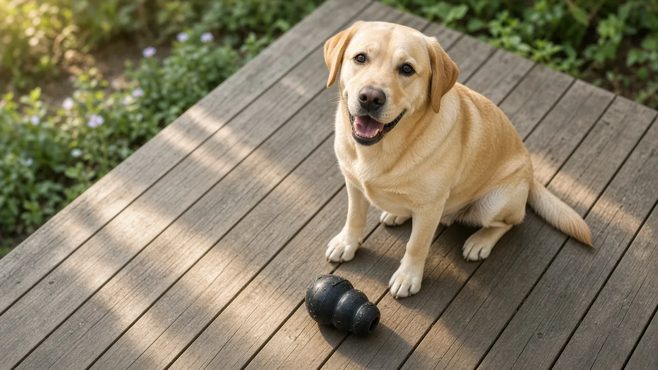 Adult dog sitting on a sunlit deck with a black rubber dog chew toy in front of its paws, illustrating what size Kong is safe