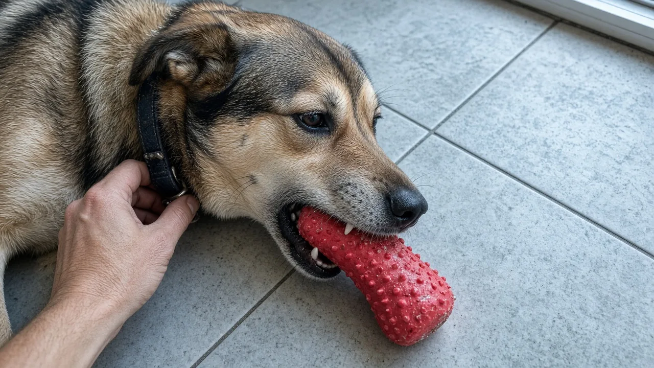 Medium-sized dog chewing a red rubber toy on a tiled floor while a hand holds its collar, showing what size Kong is safe for