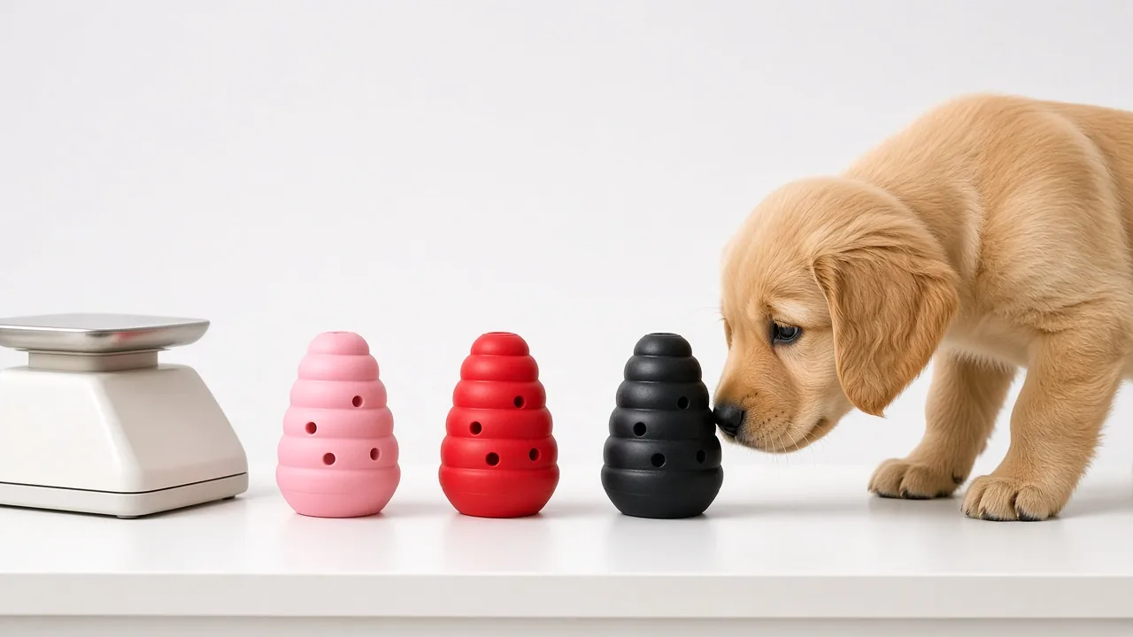 Pink, red, and black rubber dog chew toys lined up on a white table with a puppy nearby, comparing what size Kong is safe for