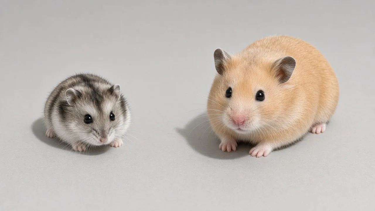 Dwarf hamster with a dark stripe sitting next to a larger golden Syrian hamster to compare breed size