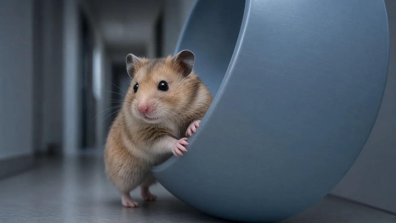Hamster feet running on the smooth solid surface of a plastic hamster wheel with no gaps to catch toes