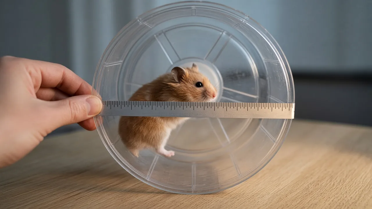 Hand measuring the diameter of a hamster exercise wheel with a tape measure to check the right wheel size