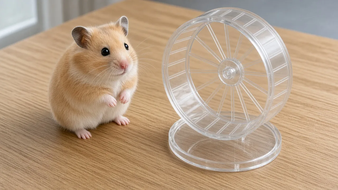 Hamster sitting beside a solid clear acrylic wheel that is sized right for a hamster to run on, showing what size wheel a