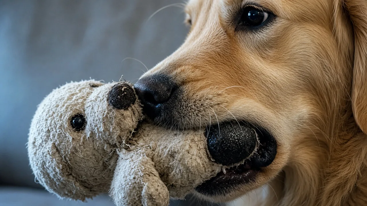 Golden retriever chewing a damp plush dog toy that has absorbed saliva and smells