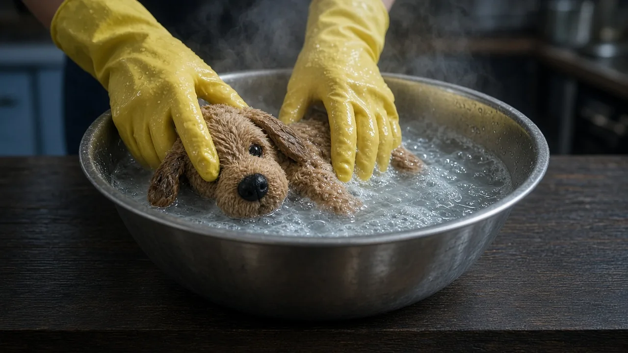 Hands soaking a smelly plush dog toy in a basin of hot water with dish soap