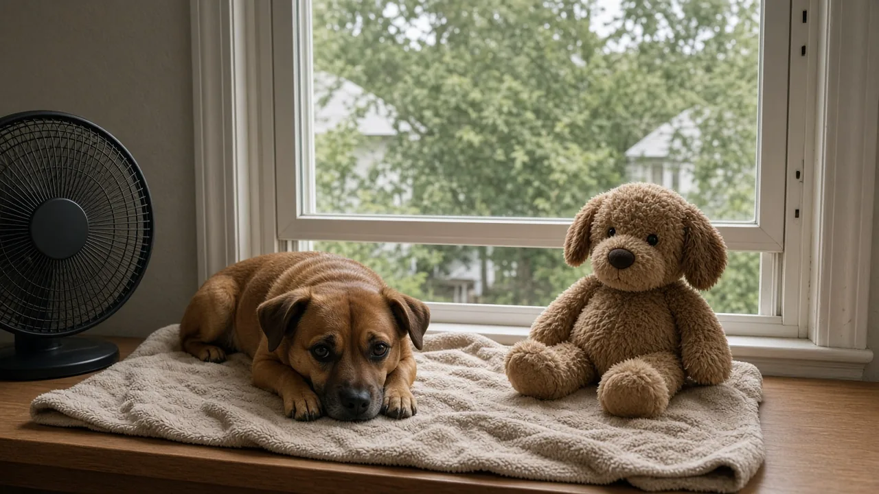 Plush dog toy drying flat in front of a fan next to a dog sitting by a sunny window