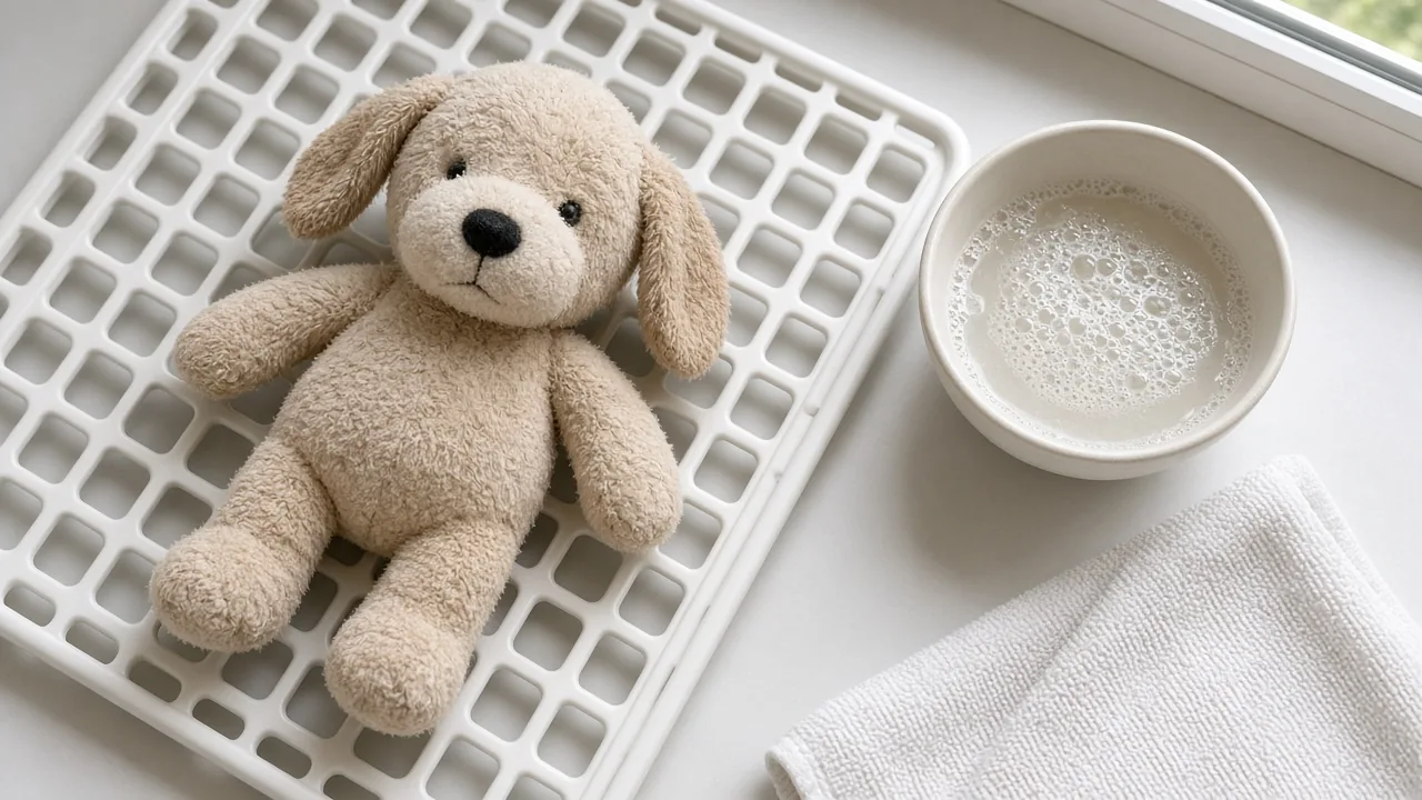 Clean plush dog toy drying on a white rack beside a bowl of soapy water, showing how to clean smelly plush dog toys