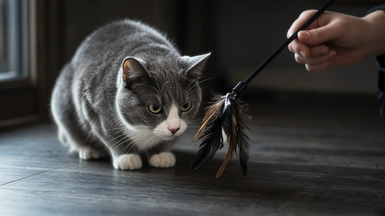 Cat crouched and stalking a feather wand toy held by a hand, do cats get bored of automatic toys