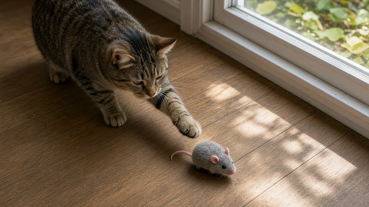 Cat ignoring an automatic mouse toy on a wooden floor, showing whether do cats get bored of automatic toys