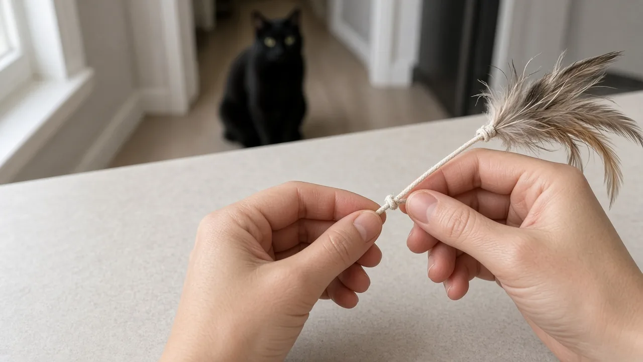 Hands checking a cat wand toy string for fraying, safety tips for do cats get bored of automatic toys