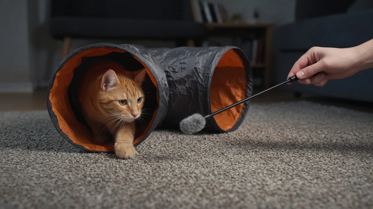 Orange cat peeking out of a tunnel toy while a hand moves a wand toy, do cats get bored of automatic toys