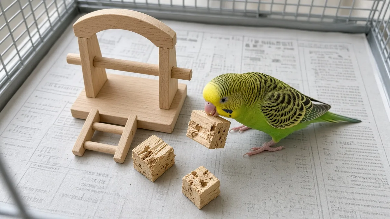 Budgie next to small wood chew toys sized for budgies and cockatiels