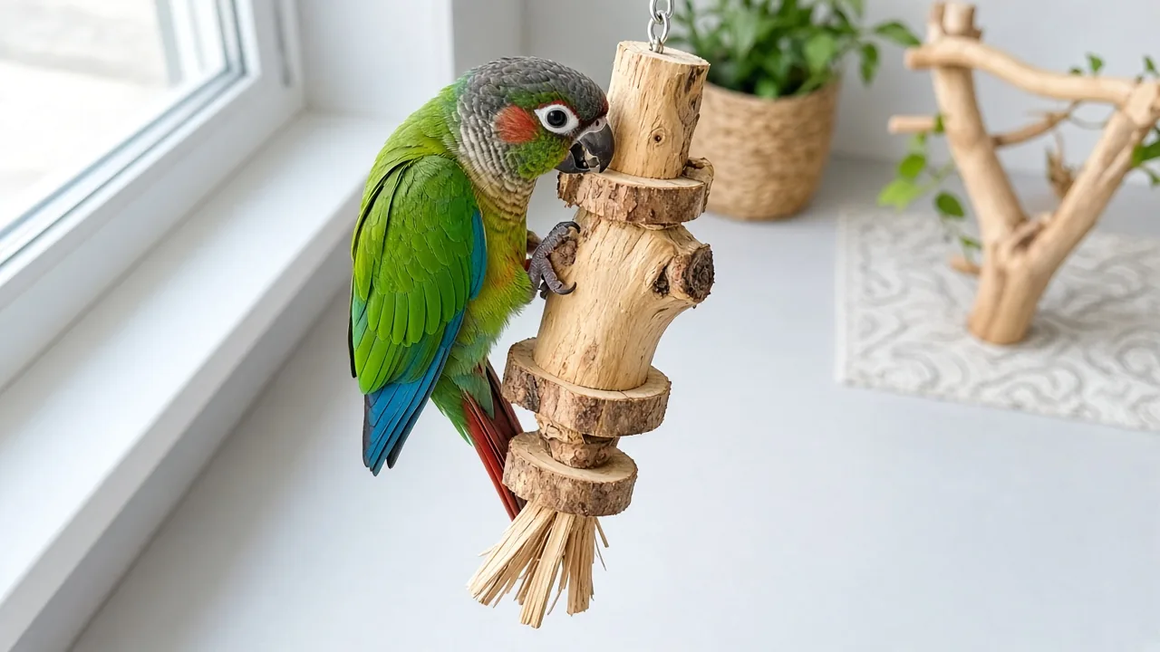 Parrot chewing on a hard pear wood toy to stop parrot plucking boredom
