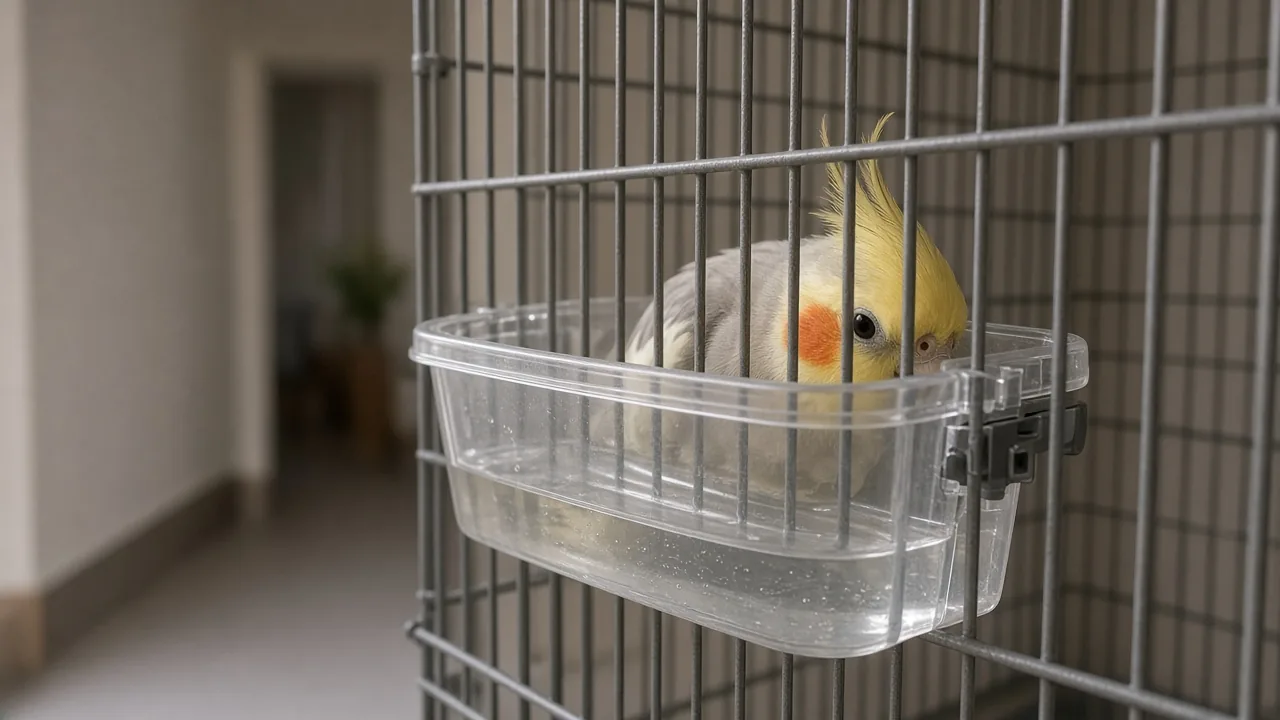 Cockatiel bathing in clear bath base clipped to cage bars to stop parrot plucking