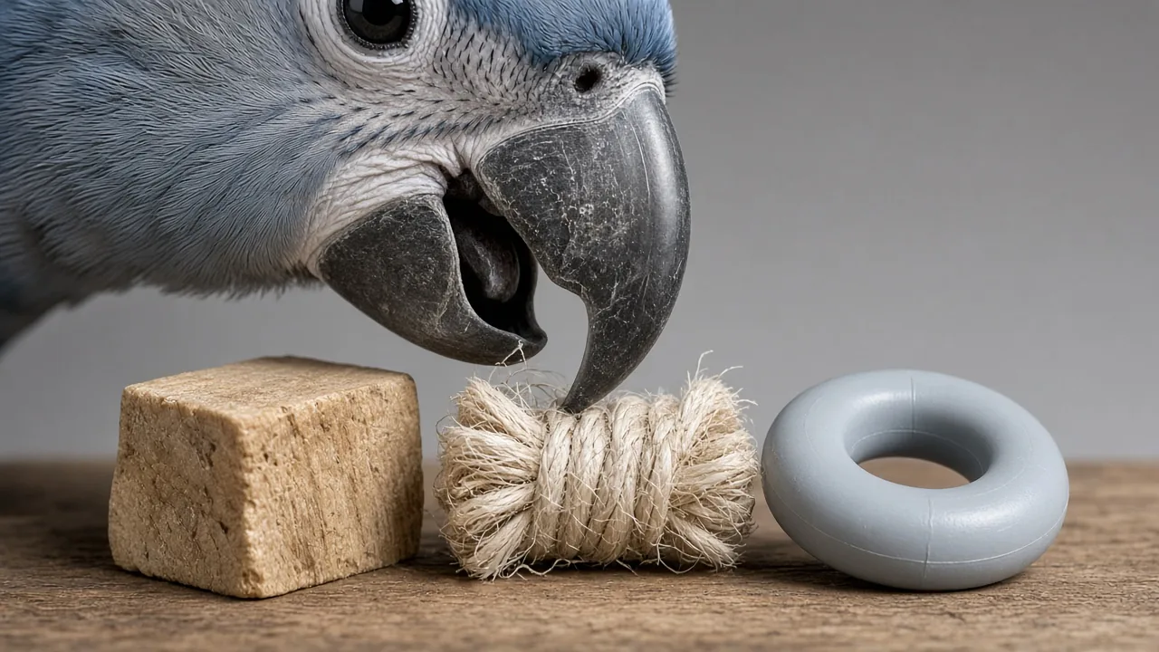 Parrot beak examining wood, rope and plastic chew toys to stop parrot plucking